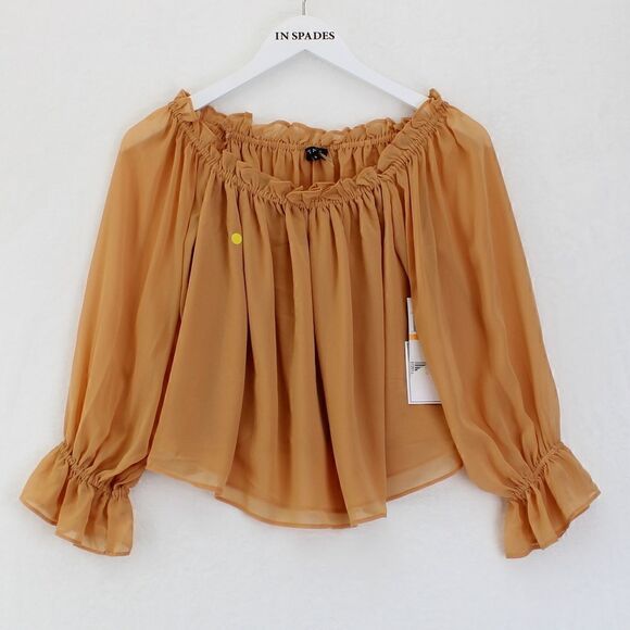 1.STATE Off the Shoulder Chiffon Top in Toasted Nut - Picture 2 of 4